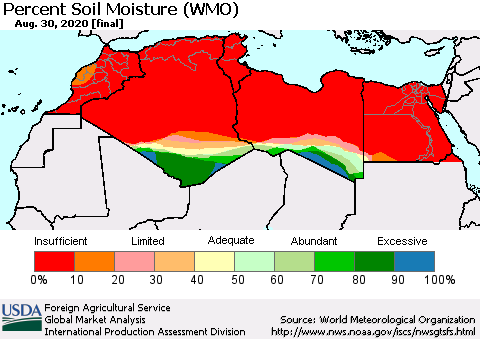 North Africa Percent Soil Moisture (WMO) Thematic Map For 8/24/2020 - 8/30/2020