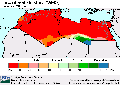 North Africa Percent Soil Moisture (WMO) Thematic Map For 8/31/2020 - 9/6/2020
