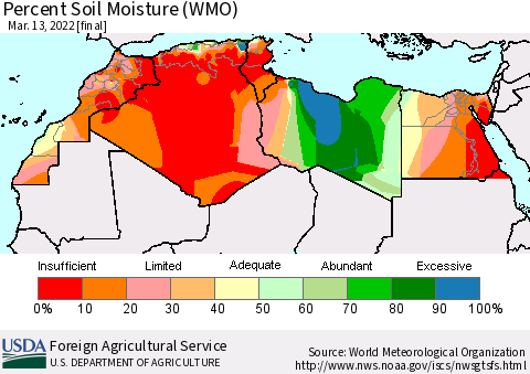 North Africa Percent Soil Moisture (WMO) Thematic Map For 3/7/2022 - 3/13/2022