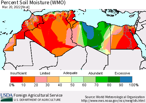North Africa Percent Soil Moisture (WMO) Thematic Map For 3/14/2022 - 3/20/2022