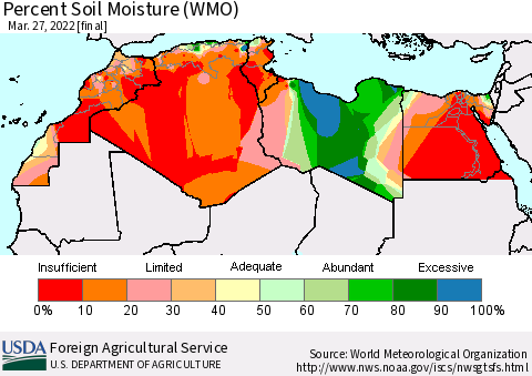 North Africa Percent Soil Moisture (WMO) Thematic Map For 3/21/2022 - 3/27/2022