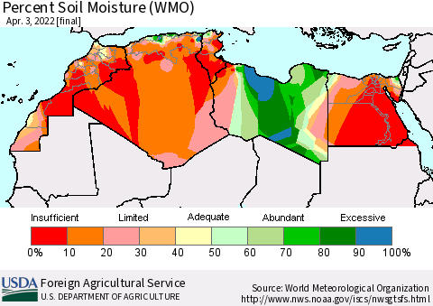 North Africa Percent Soil Moisture (WMO) Thematic Map For 3/28/2022 - 4/3/2022