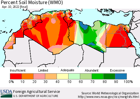 North Africa Percent Soil Moisture (WMO) Thematic Map For 4/4/2022 - 4/10/2022