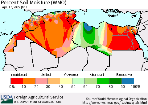 North Africa Percent Soil Moisture (WMO) Thematic Map For 4/11/2022 - 4/17/2022