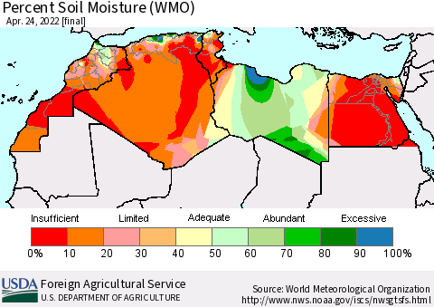 North Africa Percent Soil Moisture (WMO) Thematic Map For 4/18/2022 - 4/24/2022