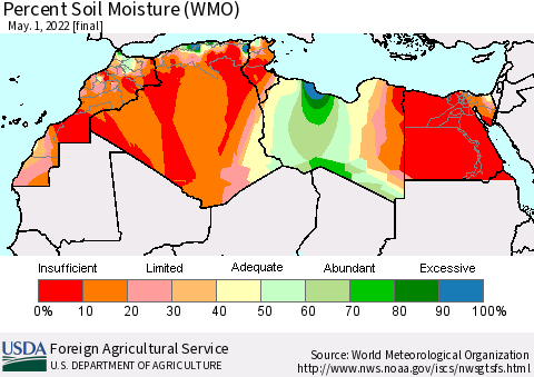 North Africa Percent Soil Moisture (WMO) Thematic Map For 4/25/2022 - 5/1/2022