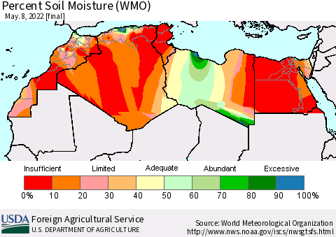 North Africa Percent Soil Moisture (WMO) Thematic Map For 5/2/2022 - 5/8/2022