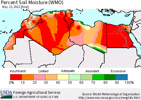 North Africa Percent Soil Moisture (WMO) Thematic Map For 5/9/2022 - 5/15/2022