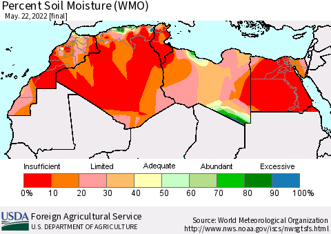 North Africa Percent Soil Moisture (WMO) Thematic Map For 5/16/2022 - 5/22/2022