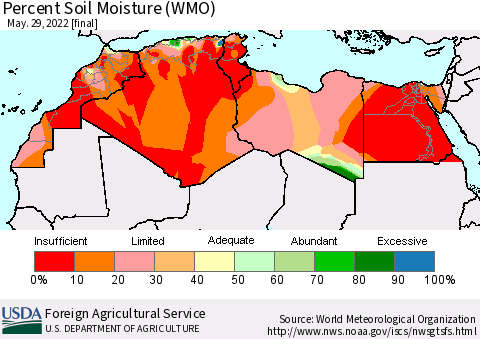 North Africa Percent Soil Moisture (WMO) Thematic Map For 5/23/2022 - 5/29/2022