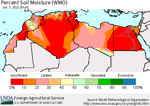 North Africa Percent Soil Moisture (WMO) Thematic Map For 5/30/2022 - 6/5/2022