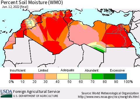 North Africa Percent Soil Moisture (WMO) Thematic Map For 6/6/2022 - 6/12/2022