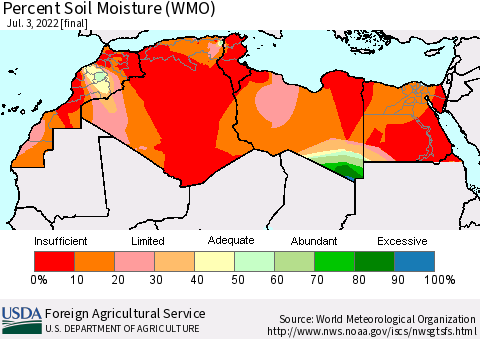 North Africa Percent Soil Moisture (WMO) Thematic Map For 6/27/2022 - 7/3/2022