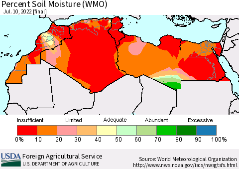 North Africa Percent Soil Moisture (WMO) Thematic Map For 7/4/2022 - 7/10/2022