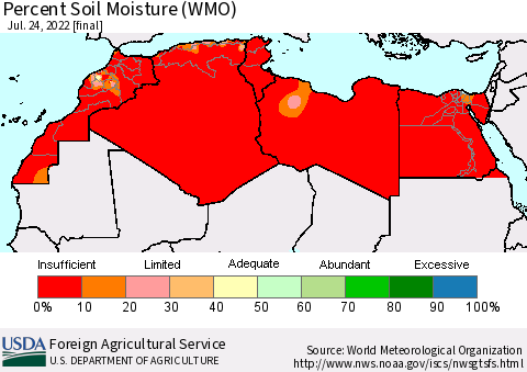 North Africa Percent Soil Moisture (WMO) Thematic Map For 7/18/2022 - 7/24/2022