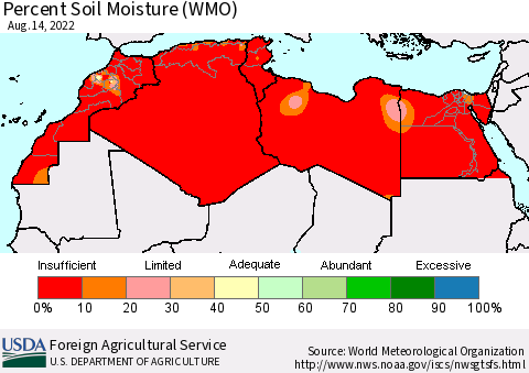 North Africa Percent Soil Moisture (WMO) Thematic Map For 8/8/2022 - 8/14/2022