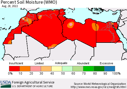 North Africa Percent Soil Moisture (WMO) Thematic Map For 8/22/2022 - 8/28/2022