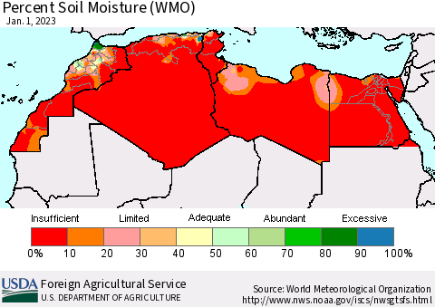 North Africa Percent Soil Moisture (WMO) Thematic Map For 12/26/2022 - 1/1/2023