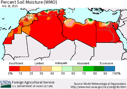 North Africa Percent Soil Moisture (WMO) Thematic Map For 2/20/2023 - 2/26/2023