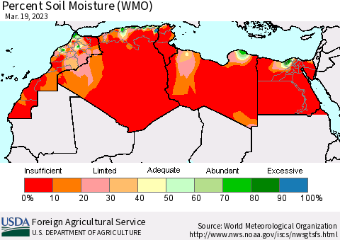 North Africa Percent Soil Moisture (WMO) Thematic Map For 3/13/2023 - 3/19/2023