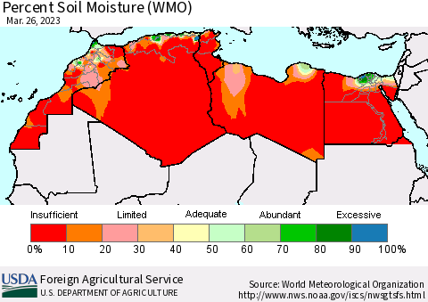 North Africa Percent Soil Moisture (WMO) Thematic Map For 3/20/2023 - 3/26/2023