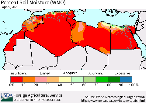 North Africa Percent Soil Moisture (WMO) Thematic Map For 4/3/2023 - 4/9/2023