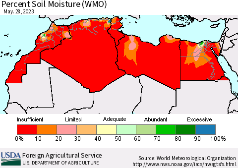 North Africa Percent Soil Moisture (WMO) Thematic Map For 5/22/2023 - 5/28/2023