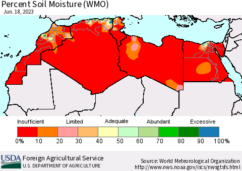 North Africa Percent Soil Moisture (WMO) Thematic Map For 6/12/2023 - 6/18/2023