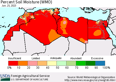 North Africa Percent Soil Moisture (WMO) Thematic Map For 6/19/2023 - 6/25/2023