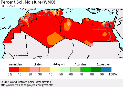 North Africa Percent Soil Moisture (WMO) Thematic Map For 6/26/2023 - 7/2/2023