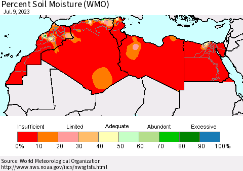 North Africa Percent Soil Moisture (WMO) Thematic Map For 7/3/2023 - 7/9/2023