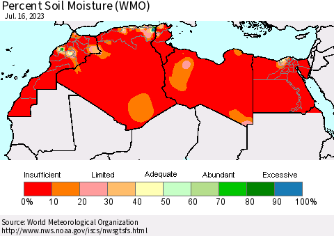North Africa Percent Soil Moisture (WMO) Thematic Map For 7/10/2023 - 7/16/2023
