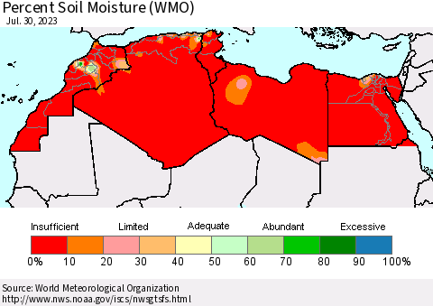 North Africa Percent Soil Moisture (WMO) Thematic Map For 7/24/2023 - 7/30/2023