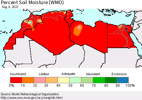North Africa Percent Soil Moisture (WMO) Thematic Map For 7/31/2023 - 8/6/2023