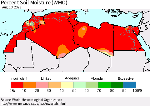 North Africa Percent Soil Moisture (WMO) Thematic Map For 8/7/2023 - 8/13/2023