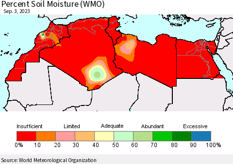 North Africa Percent Soil Moisture (WMO) Thematic Map For 8/28/2023 - 9/3/2023