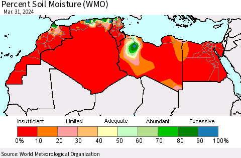 North Africa Percent Soil Moisture (WMO) Thematic Map For 3/25/2024 - 3/31/2024