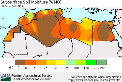 North Africa Subsurface Soil Moisture (WMO) Thematic Map For 1/4/2021 - 1/10/2021