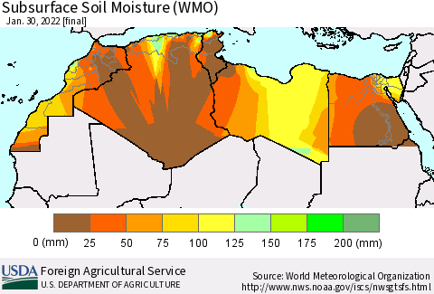 North Africa Subsurface Soil Moisture (WMO) Thematic Map For 1/24/2022 - 1/30/2022