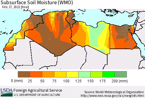 North Africa Subsurface Soil Moisture (WMO) Thematic Map For 2/21/2022 - 2/27/2022