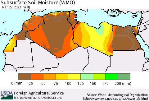 North Africa Subsurface Soil Moisture (WMO) Thematic Map For 3/21/2022 - 3/27/2022