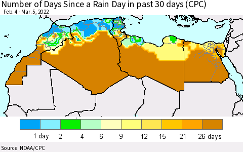 North Africa Number of Days Since a Rain Day in past 30 days (CPC) Thematic Map For 3/1/2022 - 3/5/2022