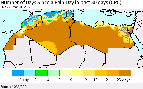 North Africa Number of Days Since a Rain Day in past 30 days (CPC) Thematic Map For 3/26/2022 - 3/31/2022