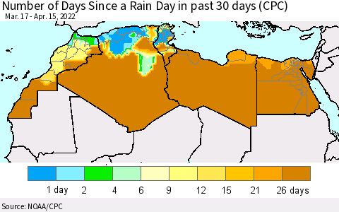 North Africa Number of Days Since a Rain Day in past 30 days (CPC) Thematic Map For 4/11/2022 - 4/15/2022