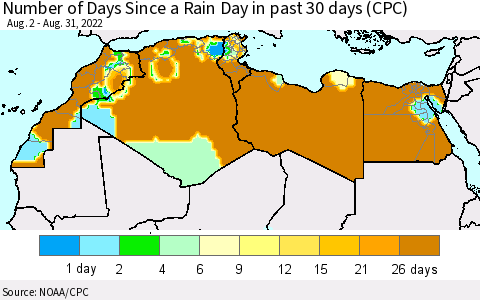 North Africa Number of Days Since a Rain Day in past 30 days (CPC) Thematic Map For 8/26/2022 - 8/31/2022