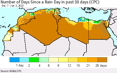 North Africa Number of Days Since a Rain Day in past 30 days (CPC) Thematic Map For 1/1/2023 - 1/5/2023