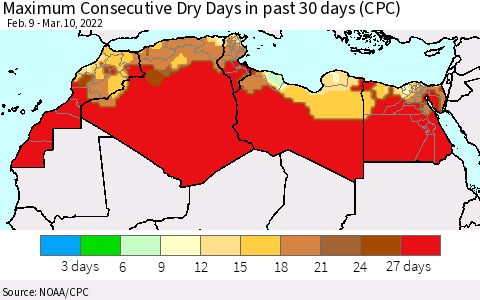 North Africa Maximum Consecutive Dry Days in past 30 days (CPC) Thematic Map For 3/6/2022 - 3/10/2022