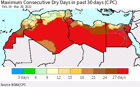 North Africa Maximum Consecutive Dry Days in past 30 days (CPC) Thematic Map For 3/16/2022 - 3/20/2022