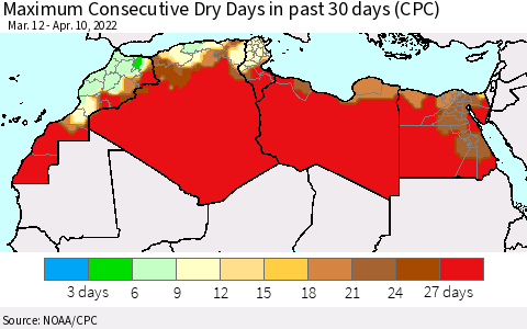 North Africa Maximum Consecutive Dry Days in past 30 days (CPC) Thematic Map For 4/6/2022 - 4/10/2022