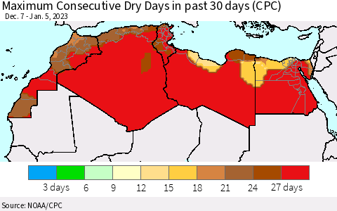 North Africa Maximum Consecutive Dry Days in past 30 days (CPC) Thematic Map For 1/1/2023 - 1/5/2023